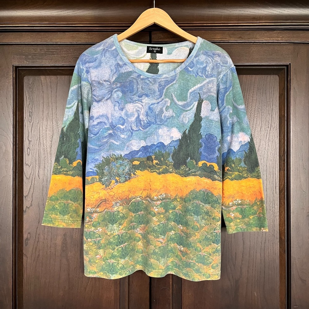 BREEKE Top Womens XL 3/4 Sleeves Scoop Neck Impressionist Art to Wear